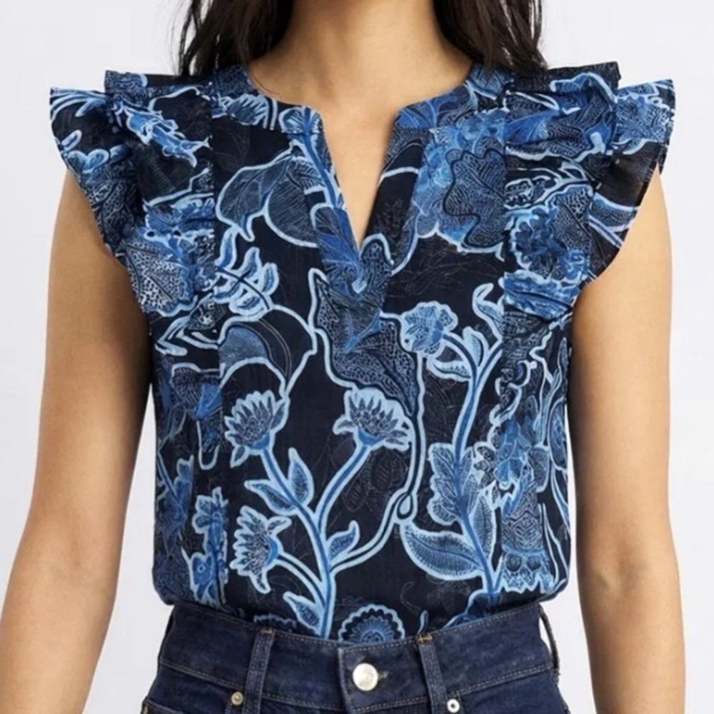 Parker Blue Floral Paisley Ruffle V-Neck Sleeveless Cotton Top Large Womens L